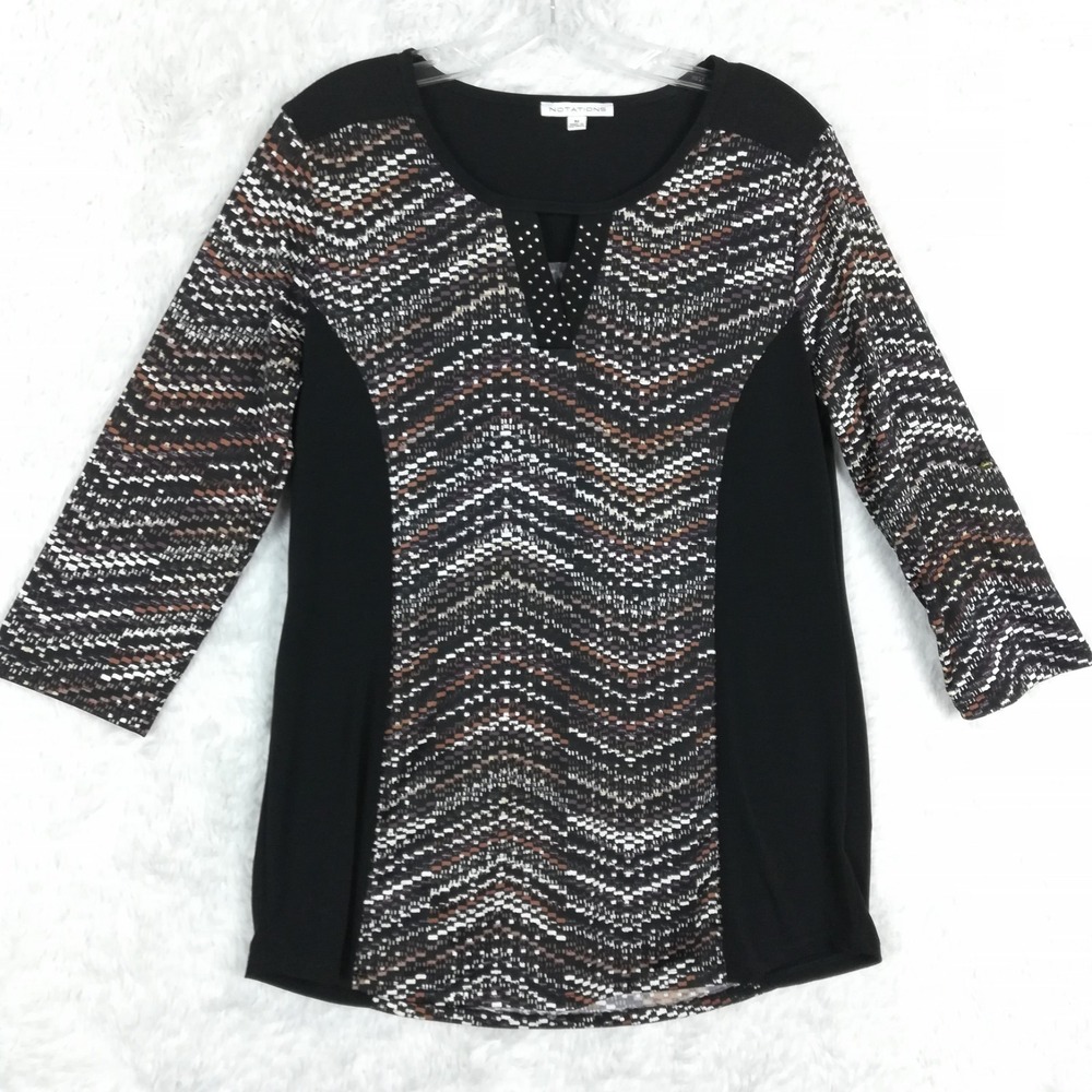 Notations Womens Blouse Top 3/4 Roll Tab Sleeve Keyhole Black Geometric Print M